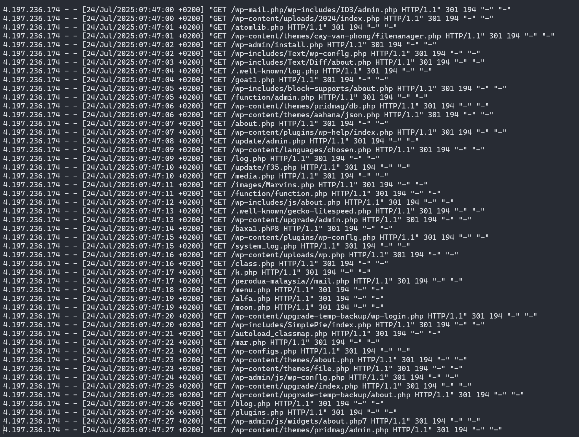 A list of logs, each line is one request, it is always the same IP, requesting wordpress related paths